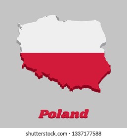 3d Map outline and flag of Poland, A horizontal bicolour of white and red. with name text Poland.