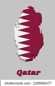 3d Map outline and flag of Qatar, a white band on the hoist side, separated from a maroon area on the fly side by nine white triangles which act as a serrated line with name text Qatar.