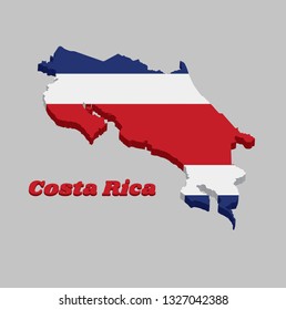 3D Map outline and flag of Republic of Costa Rica in blue red and white color with text Costa Rica.
