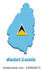 3d Map outline and flag of Saint Lucia. A light blue field with the small golden triangle behind the large white-edged black isosceles triangle in center. with name text Saint Lucia.