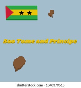 3d Map outline and flag of Sao Tome and Principe, A horizontal of green yellow and green with a red triangle and two black stars. with name text Sao Tome and Principe.