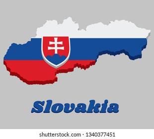 3d Map outline and flag of Slovakia, a horizontal tricolor of white blue and red; charged with a shield containing a white cross is placed to left of center. with text Slovakia.