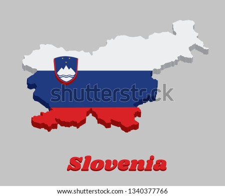 3d Map outline and flag of Slovenia, a horizontal tricolour of white blue and red; charged with the Coat of arms at the hoist side. with text Slovenia.