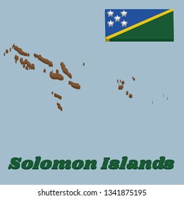 3d Map outline and flag of Solomon Islands, A thin yellow narrow diagonal stripe divided diagonally with green and blue triangle and star. with text Solomon Islands.