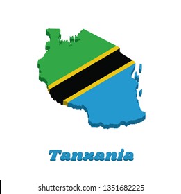 3D Map outline and flag of Tanzania, A yellow-edged black diagonal band: the upper triangle is green and the lower triangle is blue. with text Tanzania.