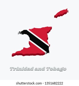 3D Map outline and flag of Trinidad and Tobago. A red field with a white-edged black diagonal band from the upper hoist-side to the lower fly-side. with text Trinidad and Tobago.