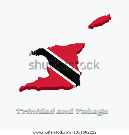 3D Map outline and flag of Trinidad and Tobago. A red field with a white-edged black diagonal band from the upper hoist-side to the lower fly-side. with text Trinidad and Tobago.