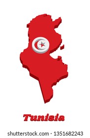 3D Map outline and flag of Tunisia, it is The red and white flag with star and crescent in center. with text Tunisia.