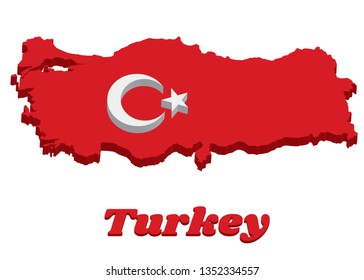 3D Map outline and flag of Turkey, a red field with a white star and crescent slightly left of center. with text Turkey.