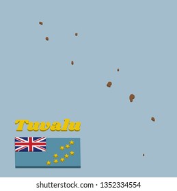 3D Map outline and flag of Tuvalu, a Light Blue Ensign with the Map of the Island of nine yellow stars on the outer half of the flag. with text Tuvalu.