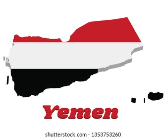 3d Map outline and flag of Yemen, a horizontal tricolor of red, white and black, name text Republic of Yemen. 
