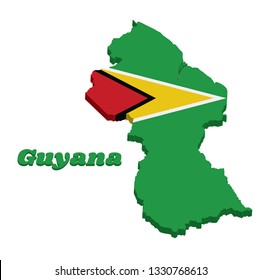 3D Map outline of Guyana, a green field with the black red triangle and white golden triangle, also based on the hoist-side, text Guyana.