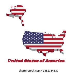 3D Map outline of USA, horizontal stripes of red and white with fifty white stars on a blue field, text United States of America.
