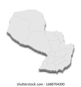 3d map of Paraguay with borders of regions