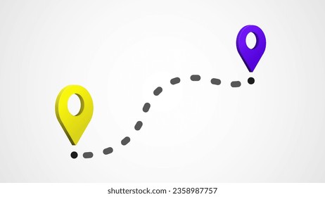 3d map pin icons are blue and yellow with a dotted road with the point of departure and arrival on a white background.