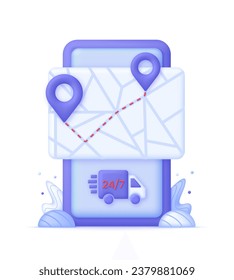 3D Map with pins and delivery truck on Phone. Logistics concept. . Express delivery, shipping, truck icon, quick move. Fast delivery concept. Trendy and modern vector in 3d style.