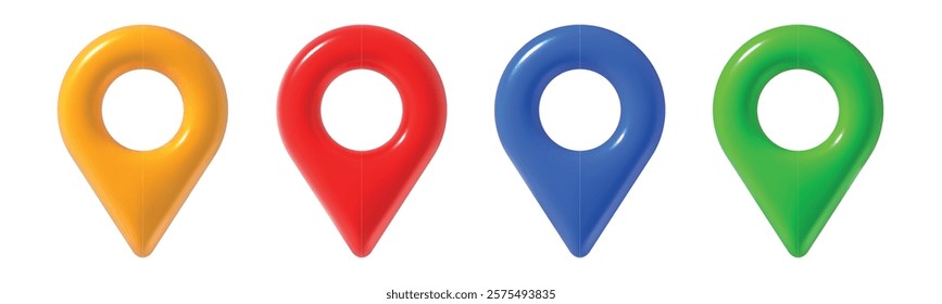 3d map pins. Realistic geo tag red, blue and yellow, green color pin for map, front view. Travel app navigation gps location vector isolated icons set.