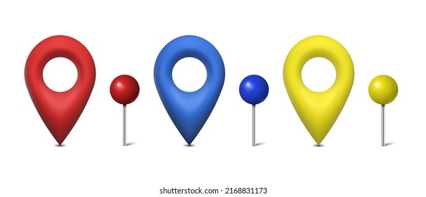 3D map pins set in red, blue and yellow colors isolated on white background. Vector illustration