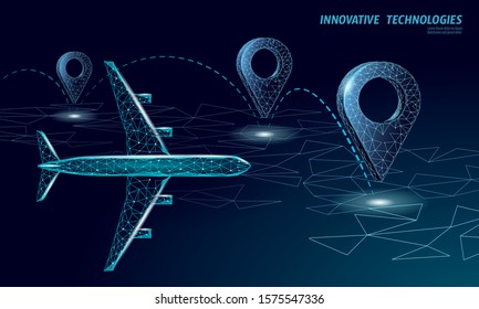 3D map point location airplane symbol. Realistic icon polygonal delivery worldwide planet. Shipping online shopping direction city address position pin vector illustration