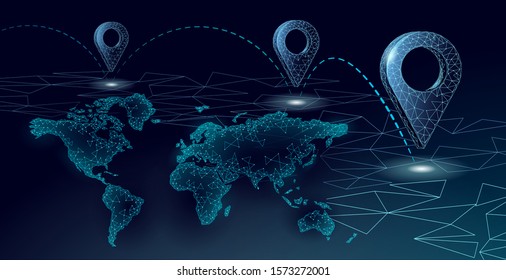 3D map point location business symbol. Realistic icon polygonal delivery worldwide planet. Shipping online shopping direction city address position pin vector illustration