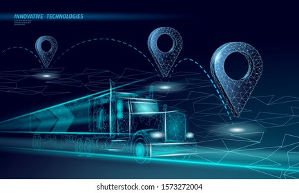 3D map point location business symbol. Realistic icon polygonal delivery worldwide truck car. Shipping online shopping direction city address position pin vector illustration