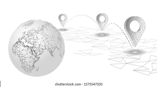 3D map point location business symbol. Realistic icon polygonal delivery worldwide planet. Shipping online shopping direction city address position pin vector illustration