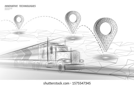 3D map point location business symbol. Realistic icon polygonal delivery worldwide truck car. Shipping online shopping direction city address position pin vector illustration