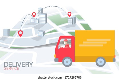 3D map point location business symbol. Realistic icon polygonal delivery worldwide truck car. Shipping online shopping direction city address position pin vector illustration