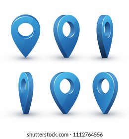 3d Map Pointer Set. Maps Pin Inverted Drop Shaped Blue Icon To Mark Location. Vector Flat Style Cartoon Illustration Isolated On White Background