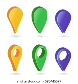 3d Map Pointer Vector. Colorful Set of Modern Map Markers. Navigator Symbol Isolated On White Background With Soft Shadow
