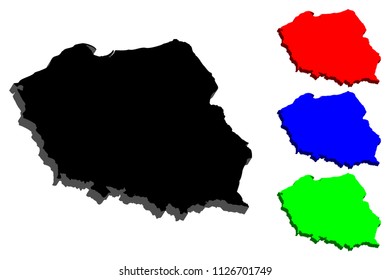 3D map of Poland (Republic of Poland) - black, red, blue and green - vector illustration