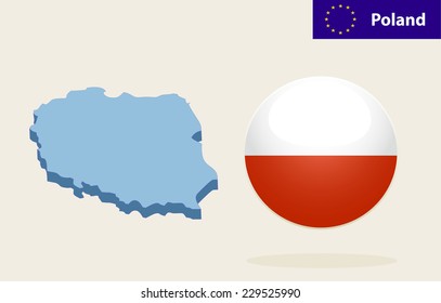 3D Map of Poland. Vector - Poland Flag Glossy Button