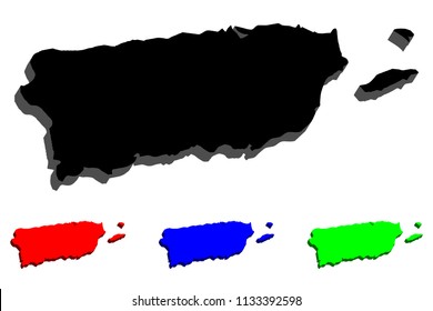 3D map of Puerto Rico (Commonwealth of Puerto Rico, Porto Rico) - black, red, blue and green - vector illustration