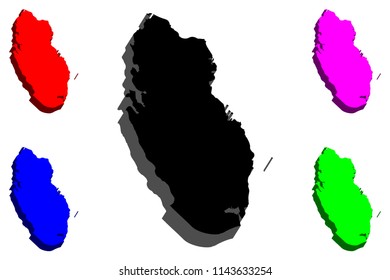 3D map of Qatar (State of Qatar) -  black, red, purple, blue and green - vector illustration