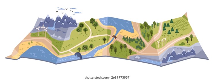 Mapa 3D de reserva com rios, moinhos de vento e montanhas, florestas e animais selvagens. Topografia de visualização vetorial para construção ou desenvolvimento. Terrenos para simulações de inundação, terramoto ou deslizamento de terras