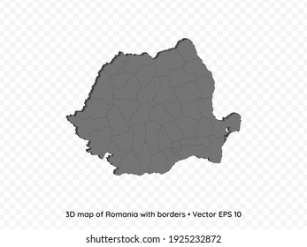 3D map of Romania with borders isolated on transparent background, vector eps illustration