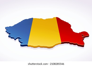 3D map of Romania in the colors of the Romanian flag on a white background