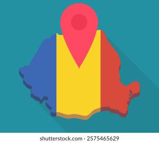 3D map of Romania in the colors of the romanian flag in a flat design style on which a red map marker is positioned to indicate a geographic location