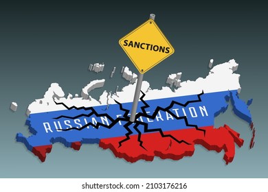 3D Map Of The Russian Federation Painted In Tricolor. A Road Sign With The Inscription Sanctions Clogged To The Russia. Diverging Stylistic Black Cracks