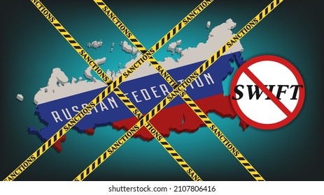 El tercer mapa de la Federación Rusa está pintado en tricolor con cintas amarillas cruzadas y las sanciones de inscripción. Una señal que prohíbe el sistema de pago swift