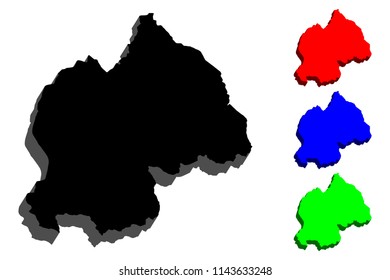 3D map of Rwanda (Republic of Rwanda) -  black, red, blue and green - vector illustration