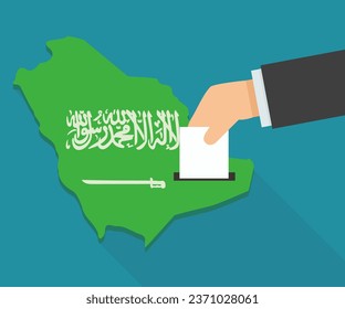 3D map of Saudi Arabia in Saudi Arabian flag colors in a flat design style isolated on a blue background with a shadow in which a hand places a ballot paper
