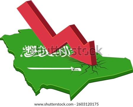 3D map of Saudi Arabia in the colors of the Saudi flag with a downward arrow making cracks on the map (cut out)