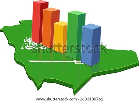 3D map of Saudi Arabia in the colors of the Saudi flag with one of the multicolored statistic bars placed on it (cut out)