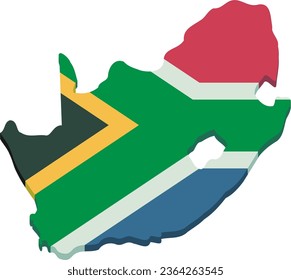 3D map of South Africa in South African flag colors in cutout flat design style