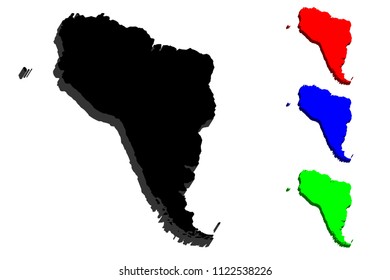 3D map of South America continent - black, red, blue and green - vector illustration