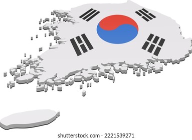 3D map of South Korea in the colors of the South Korean flag (cut out)