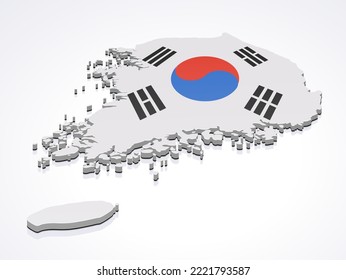 3D map of South Korea in the colors of the South Korean flag isolated on a white background with a shadow