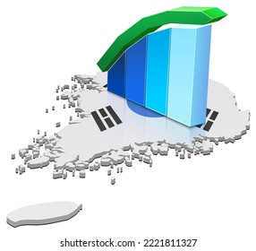 3D map of South Korea in the colors of the South Korean flag with blue bar statistics and a green rising curve laid over it (cut out)