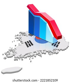 3D map of South Korea in the colors of the South Korean flag with blue bar statistics and a red downward curve laid over it (cut out)